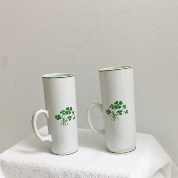 Set of 2 White Porcelain IRISH COFFEE Mugs Cups Shamrocks Green Line Trim - Picture 2 of 3